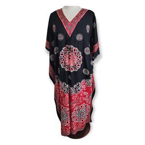 NF Womens Kaftan Dress Free Size Red Black Paisley Kimono Sleeve Maxi V-Neck‎